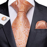 Men Tie Orange Paisley Luxury Silk Polyester Wedding Prom 8cm Necktie Set Pocket Square Cufflinks Gift for Husband Men Accessory