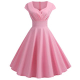 Robe d'été rose pour femme, col en V, style vintage, élégante, rétro, pin-up, soirée, bureau, mi-longue