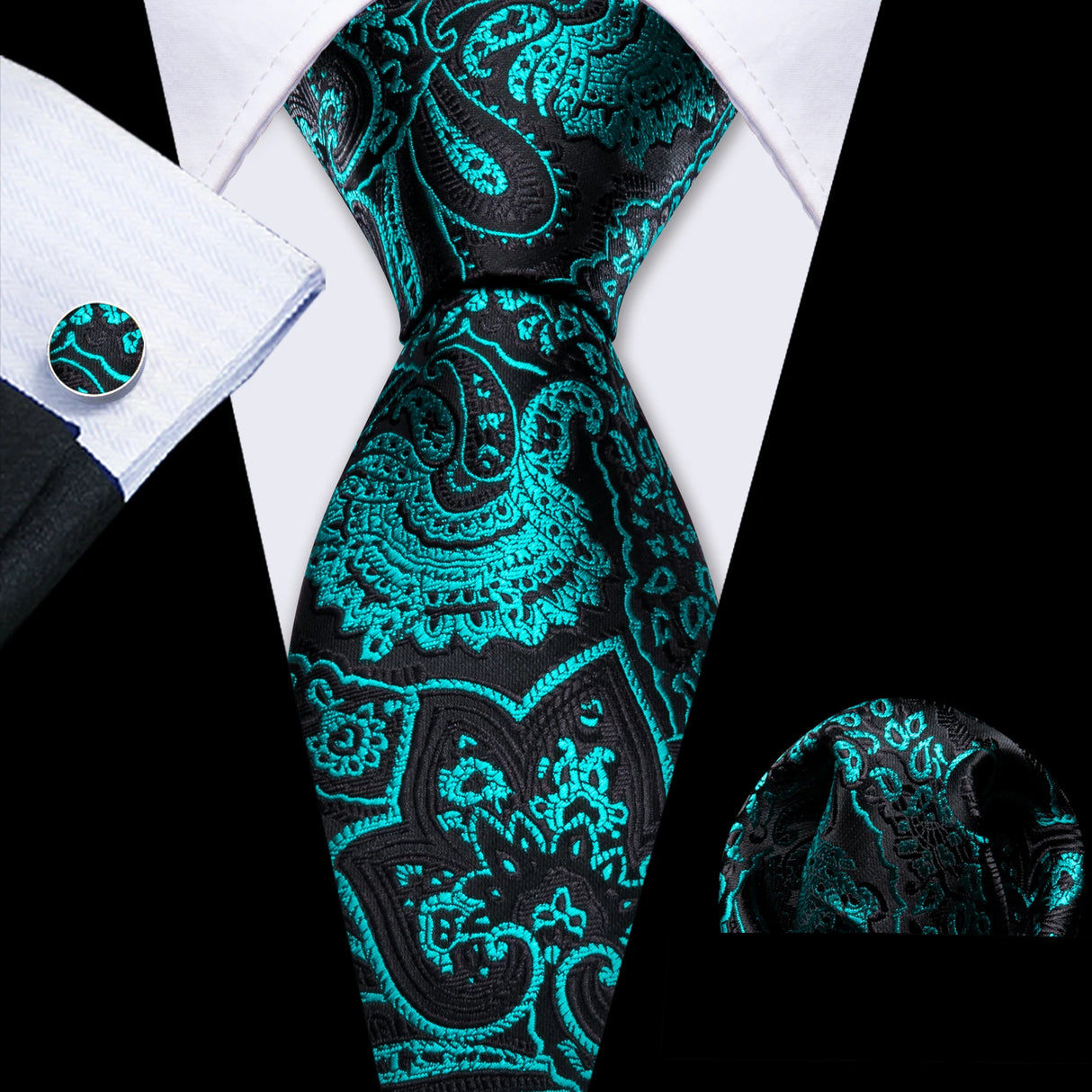 Noverlty Teal Silk Necktie For Men Solid Luxury Brand Suit Pocket Square Cufflinks High Quality Tie Set Wedding Party Barry.Wang