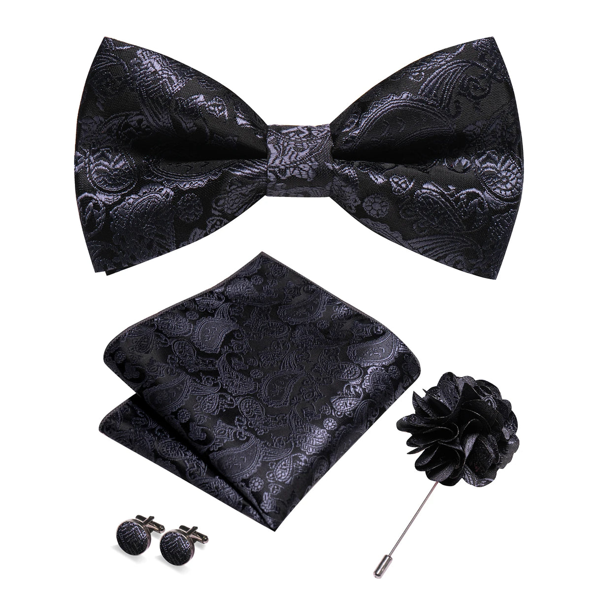 Champagne Silk Jacquard Paisley Mens Bow Tie Brooch Hanky Cufflinks Set Pre-tied Butterfly Knot Bowtie for Male Wedding Business