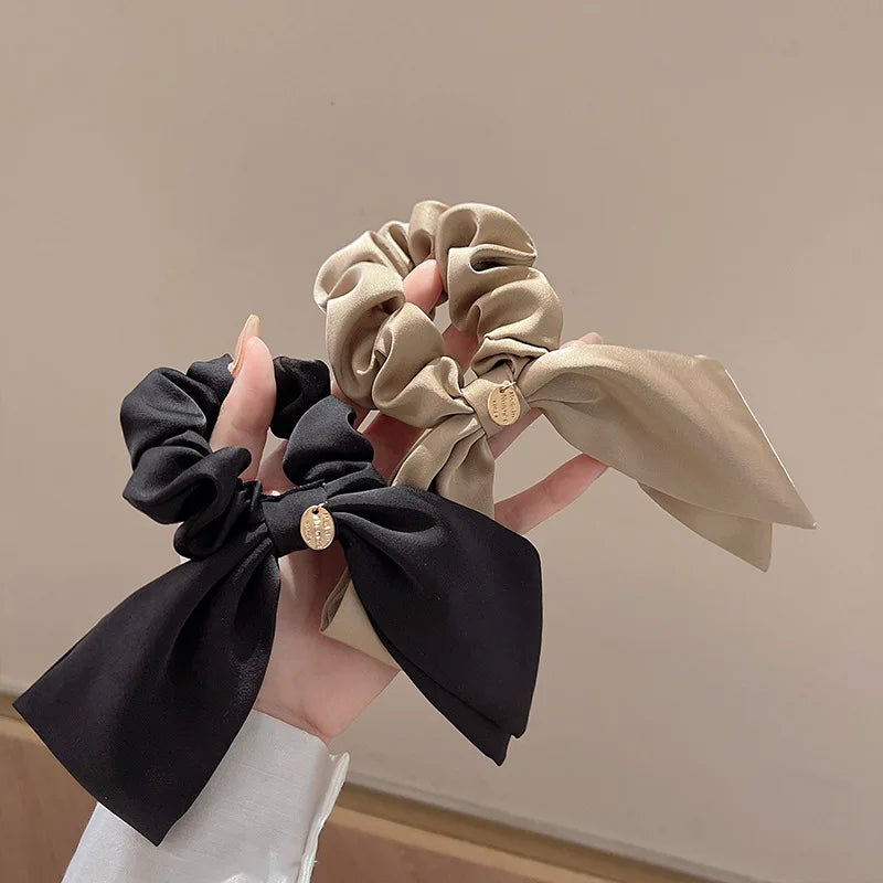 Korean Woman Large Elegant Silk Elastics Hair Band Black Satin Bow Scrunchies Hair Ties Ladies Ponytail Hold Hair Accessories