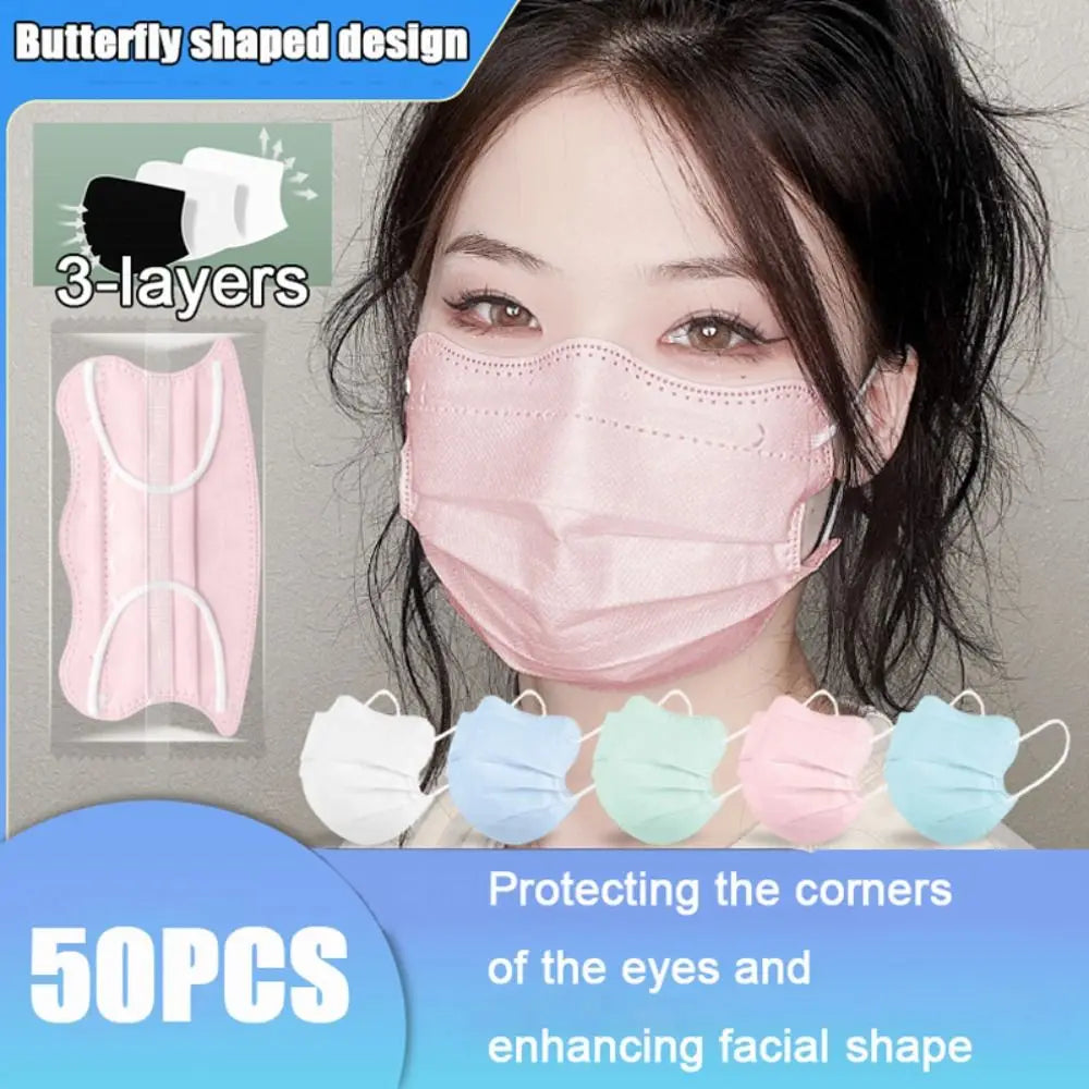 50pcs Butterfly Shaped Design Disposable Face Mask Breathable 3layer Morandi Color Protective Face Cover V-face Anti Dust Mask