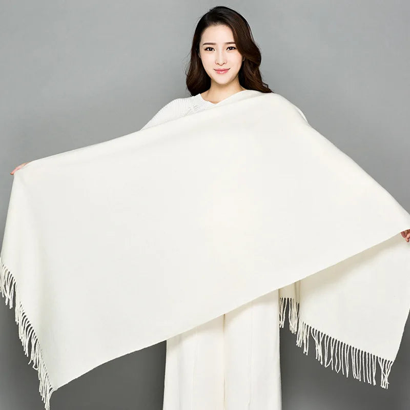 White Cashmere Warm Pashmina For Women Long Winter Wraps Fashion Solid Color Girl Gift Shawls Fashion Lady Tassel Autumn Scarves