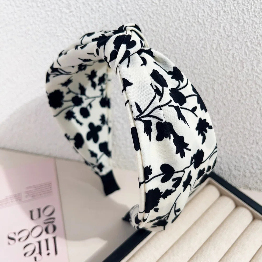 Elegant Floral Black White Hairbands for Women Girls Wide Edge Soft Hair Hoops Big Bowknot Cross Headband Hair Styling Tool Gift