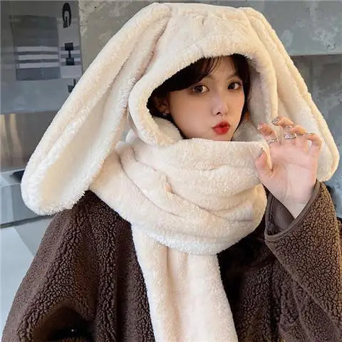 2023 New Fashion Scarf Hat Glove Women Cute Big Ear Bunny Beanie Winter Warm Soft Thickening Pocket Warm Ear Hats Hooded Skullie