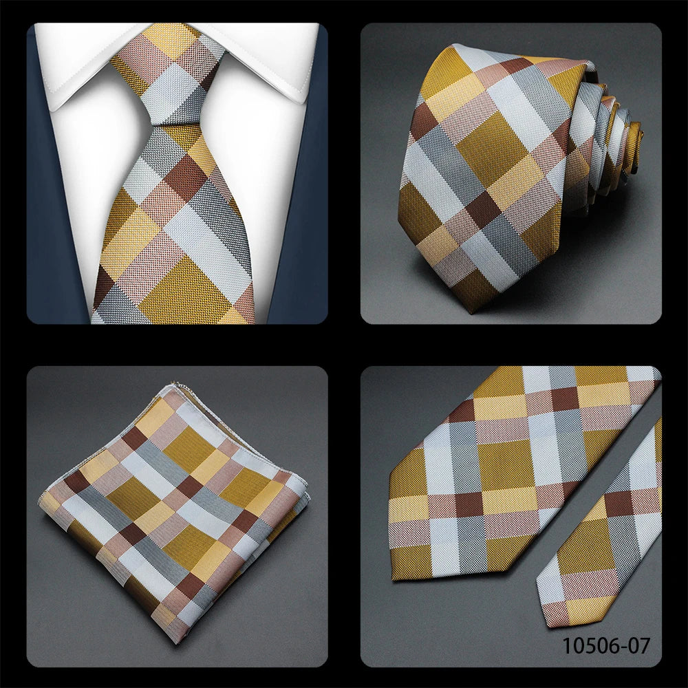 Men Tie Cravat Set Fashion Wedding Ties for Men Hanky Necktie Grid Strip Gravata Jacquard Tie Social Party Accessories