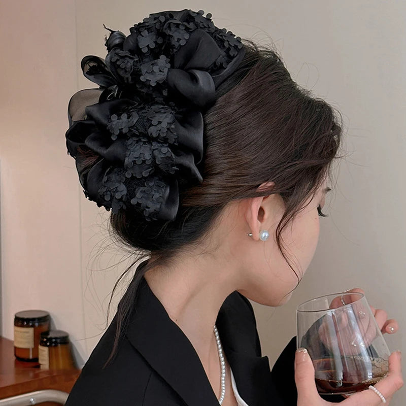 Elegance Temperament Large Claw Clip Multilayer Bow Black Fabric Ribbon Claw Jaw Clips Ponytail Hairpin Women Hair Accessories