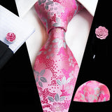 Floral Pink Silk Ties Set For Men Wedding Party Neck Tie Set Handkerchief Brooch Cufflinks Men Accessories High Quality Gravata