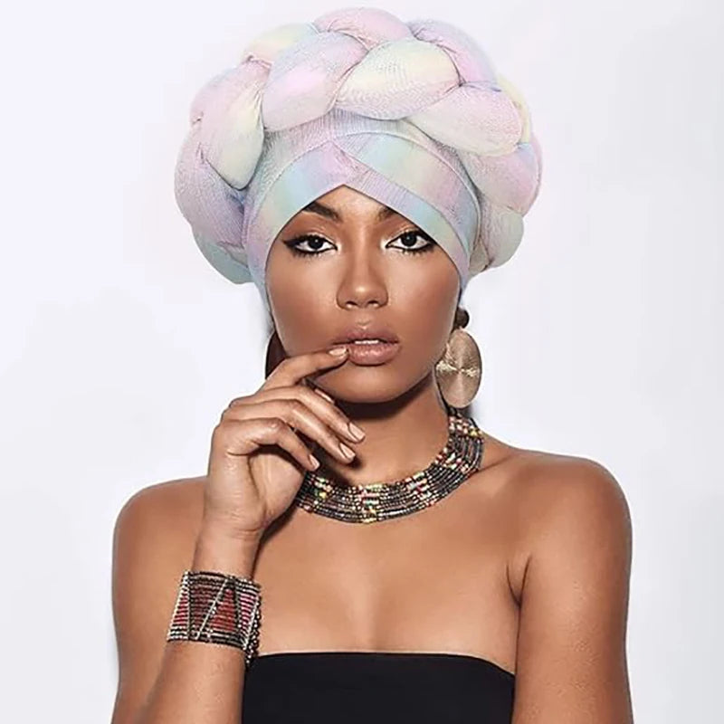 New African Colorful Laser Large Braid Turbans For Women Trendy Gradient Color Elastic Head Wraps Ramadan Chemo Hats Headscarf