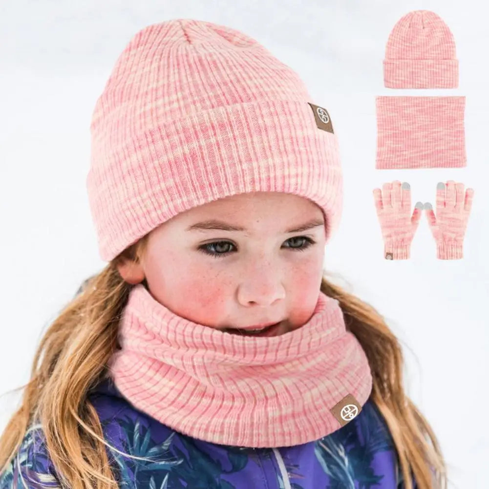 Children Cold Weather Hat Set Colorful Knitted Children's Winter Hat Scarf Gloves Set Soft Warm Windproof Outdoor for Cycling