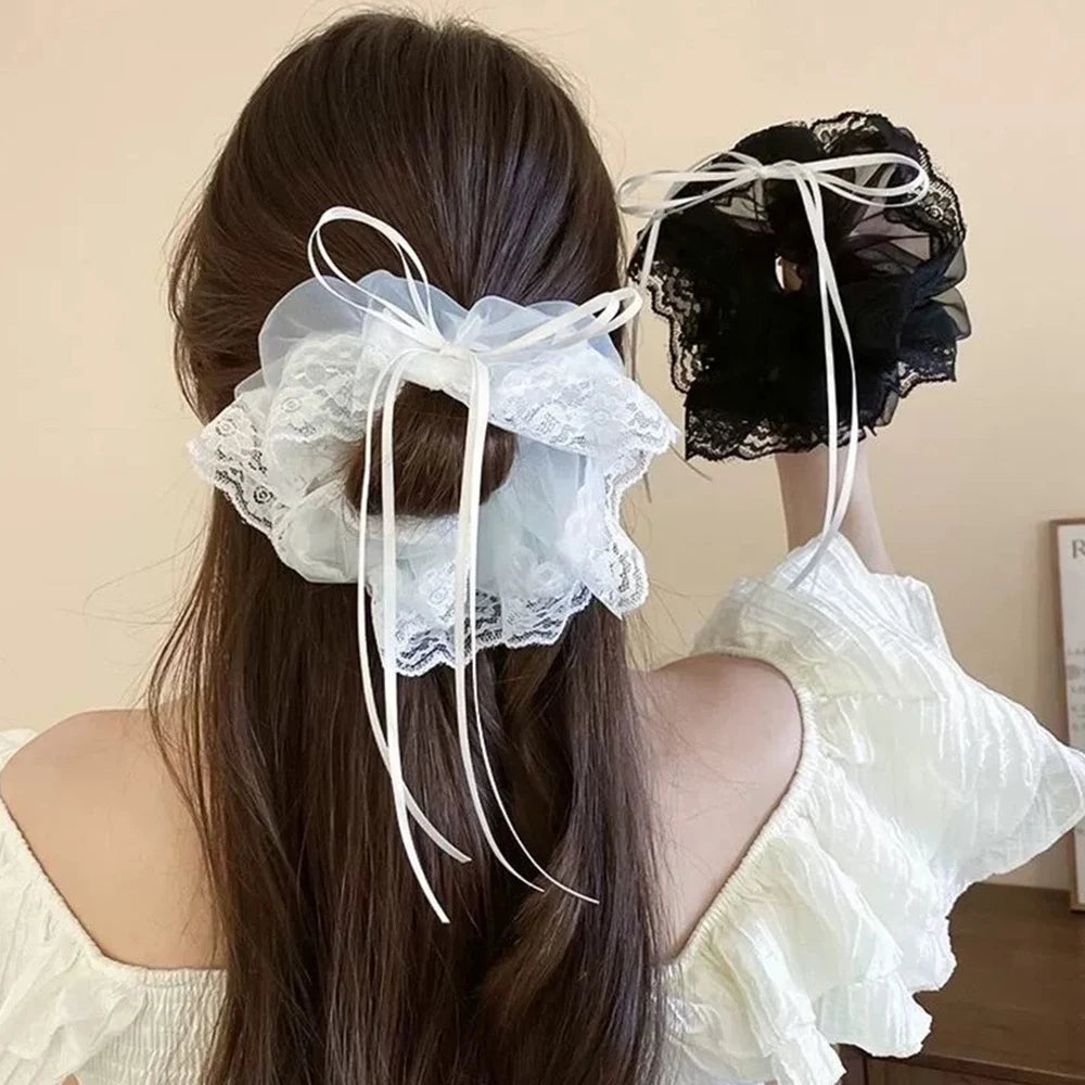 Lace Scrunchies Bowknot Ribbon Elastic Hair Bands Hair Rope Ties Hair Accessories Ponytail Holder Hair Ring INS Hair Accessories