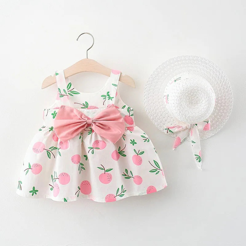 2Piece Sets Summer Toddler Girl Clothes Korean Fashion Flowers Cute Bow Sleeveless Princess Baby Dresses+Sunhat Kids Dress BC136