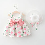 2Piece Sets Summer Toddler Girl Clothes Korean Fashion Flowers Cute Bow Sleeveless Princess Baby Dresses+Sunhat Kids Dress BC136