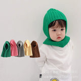 Children Soft Solid Colour Cap Scarf all-in-one Autumn Winter Thickened Knitted Ear Protection Cap Warm Hooded Free Shipping