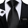 Black Men's Solid Ties 8cm Wide Polyester Business Formal Wedding Party Necktie Pocket Square Cufflinks Gift for Husband