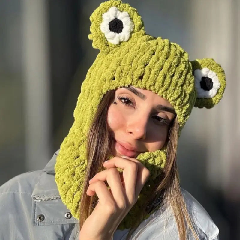 Combhasaki Women's Y2K Hooded Scarf Hats Cute Animal Ears Knitted Pullover Balaclava Winter Warm Beanie Cap for Cold Weather