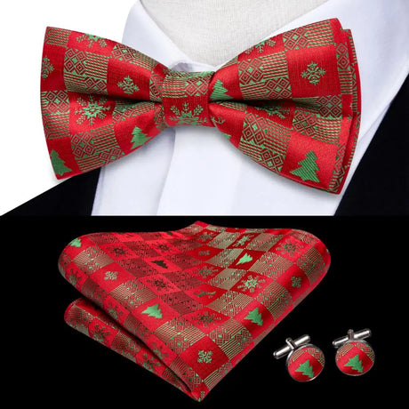 Hi-Tie Christmas Green Bow Ties for Men Silk Butterfly Tie Bow Tie Hanky Cufflinks Set Wedding Party Paisley Plaid Solid Bowtie