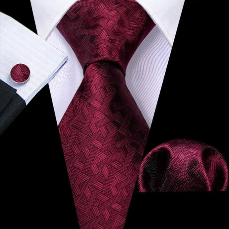 Barry.Wang Red Maroon Burgundy Rose Silk Men's Tie Pocket Square Cufflinks Set Jacquard Necktie for Male Wedding Business Party