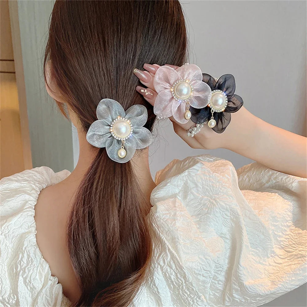 Flower Rhinestone Pearl Hair Elastics Ties Korean Version Headband Ponytail Hair Holder Hair Accessories for Girl and Women