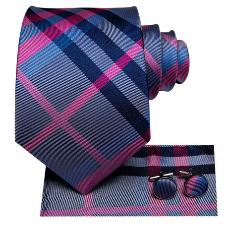 Mens Necktie Luxury 8.5cm Wide Blue Purple Plaid Silk Wedding Tie Pocket Square Cufflink Set Brooch Gift For Men Hi-Tie Designer