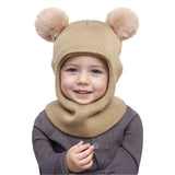 New Cute Balaclava Hats Children Double Balls One-piece Hat Scarf Boys Girls Autumn Winter Pompom Ball Wool Cap