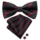 Hi-Tie Striped Black Red Green Silk Mens Bow Tie Hanky Cufflinks Set Pre-tied Butterfly Knot Bowtie for Male Wedding Business