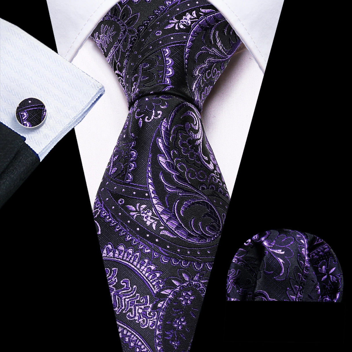 Male Gift Silk Men Tie Set Purple Violet Solid Paisley Striped Wedding Business Tie for Man Necktie Handky Cufflinks Barry.Wang