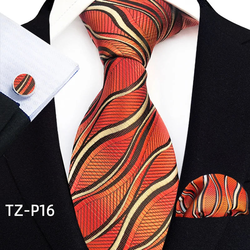 Orange Novelty Ties For Men Plaid Flower Design Silk Wedding Necktie For Men Hanky Cufflinks Gifts Business Party Suit Bow Tie