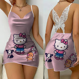 Mini Dress Pajama Skirt Hello Kitty Sexy Dresses Off Shoulder Bow Knot Satin Surface Womens Fashion Summer 2024 Short Party Lace