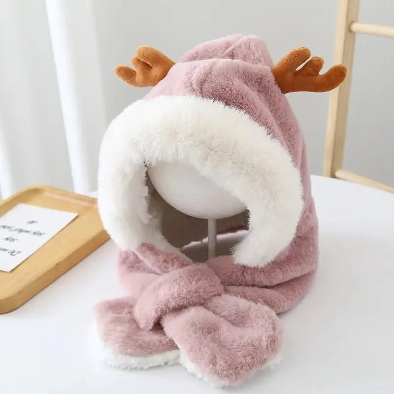 Faux Fur Winter Baby Hat Scarf One-Piece Soft Kids Cap for Girls Boys Cartoon Warmer Neck Ears Baby Bonnet Infant Accessories