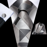 Hi-Tie Fashion Mens Plaid Silk Tie Set Jacquard Woven Necktie Hanky Cufflinks For Wedding Business Party Ideal Choice For Gift