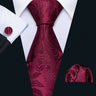 Barry.Wang Red Maroon Burgundy Rose Silk Men's Tie Pocket Square Cufflinks Set Jacquard Necktie for Male Wedding Business Party