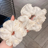 French Lace Pearl Rose Flower Elastics Hair Band For Women Cream White Scrunchies Hair Ties Ponytail Holder Hair Accessories