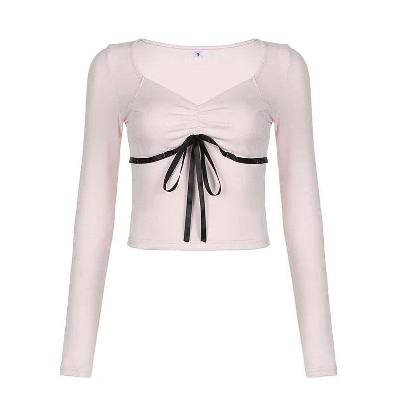 Bow Cropped Top Pink Sweet Contrast Ribbons Lace-up Coquette Aesthetic Slim Folds V-neck Knitted T-shirts Fall Cute Tee