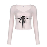 Bow Cropped Top Pink Sweet Contrast Ribbons Lace-up Coquette Aesthetic Slim Folds V-neck Knitted T-shirts Fall Cute Tee