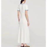 Elegant Contrasting Women Knit Maxi Dress Chic O-neck Short Sleeve Metal Buttons Bodycon Dresses Office Lady Commuting Robe