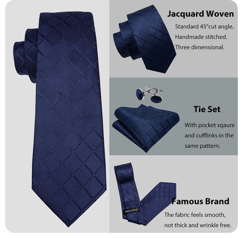 Barry.Wang Men's Tie Jacquard Plaid Checked Navy Pink Black Necktie Hankerchief Cufflinks Set for Male Wedding Business Formal