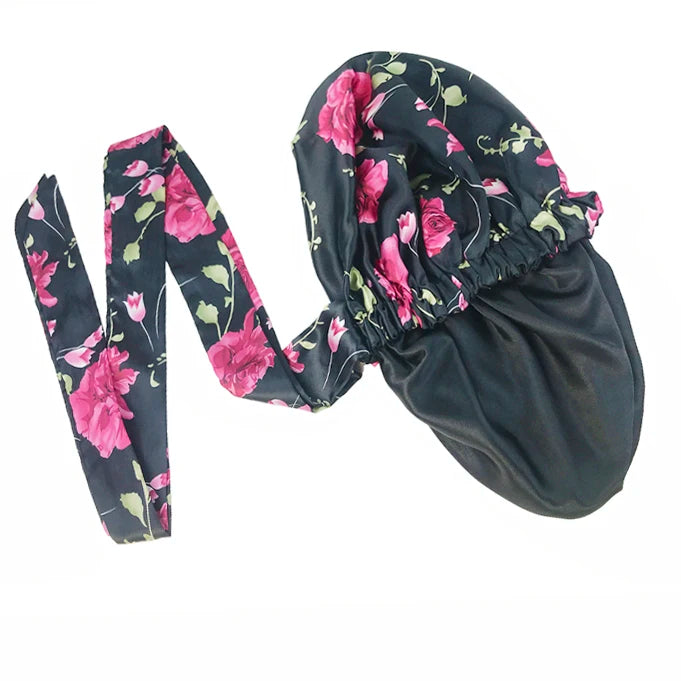 Soft Silky Print Satin Bonnet for Women Large Nightcap with Long Satin Ribbon Tie Band Bonnet Adjustable Wide Band Head Wrap Hat