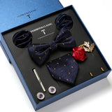 Holiday Gift Box Tie For Men 7.5 cmTie Hanky Pocket Squares Cufflink Set Bow Tie Clip Necktie Box Purple hombre Geometric Office