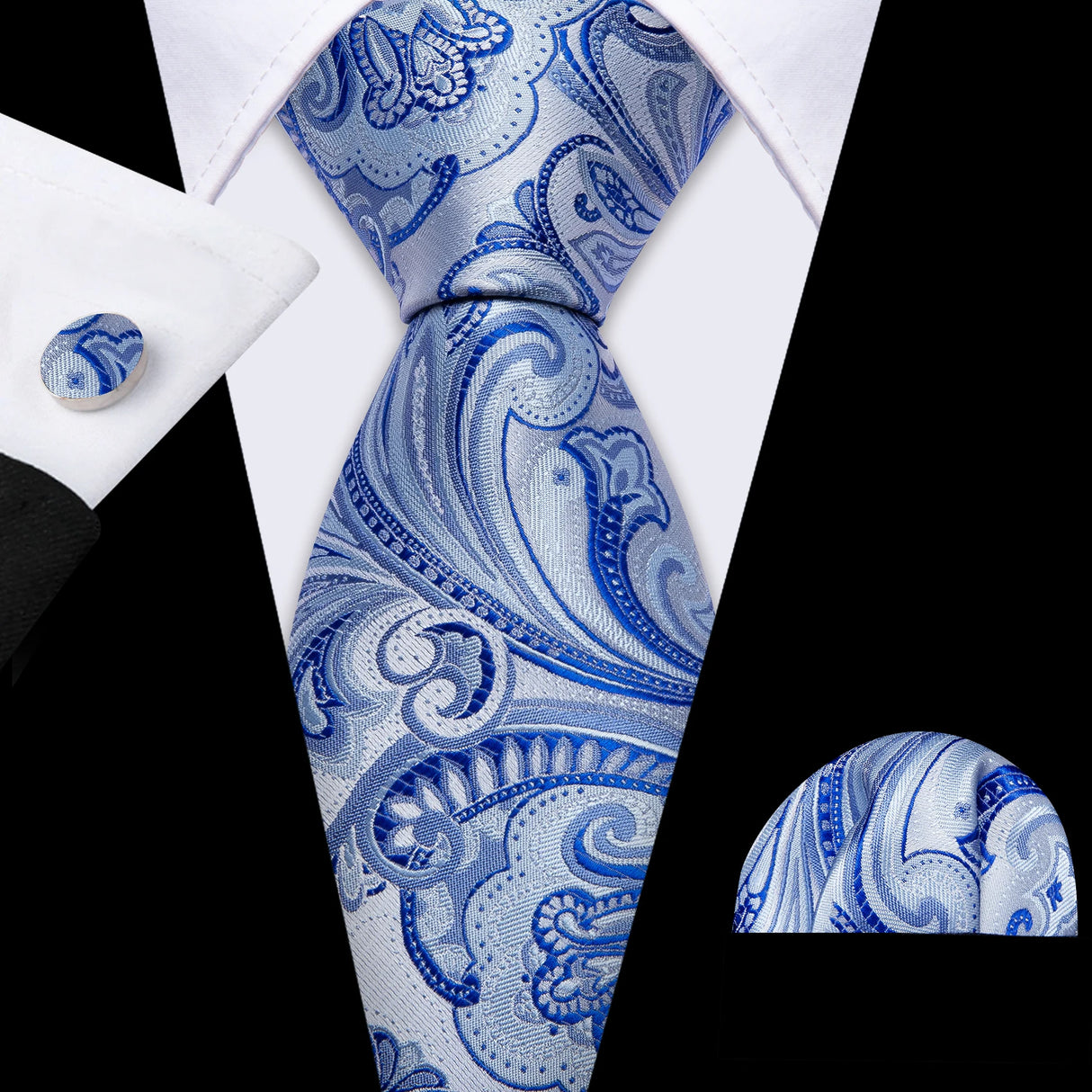 New Blue Silk Ties High Quality For Men Classic Plaid Woven Handkerchife Cufflinks Sets Groom Wedding Designer Barry.Wang 1535