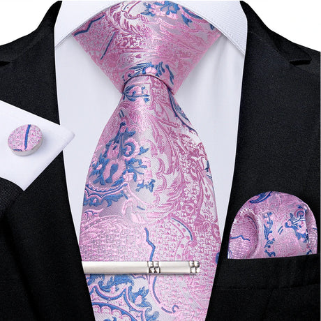 Pink Striped Floral Solid Paisley 8cm Silk Men's Tie Set Handkerchief Cufflinks Wedding Business Prom Accessories Tie Cravat