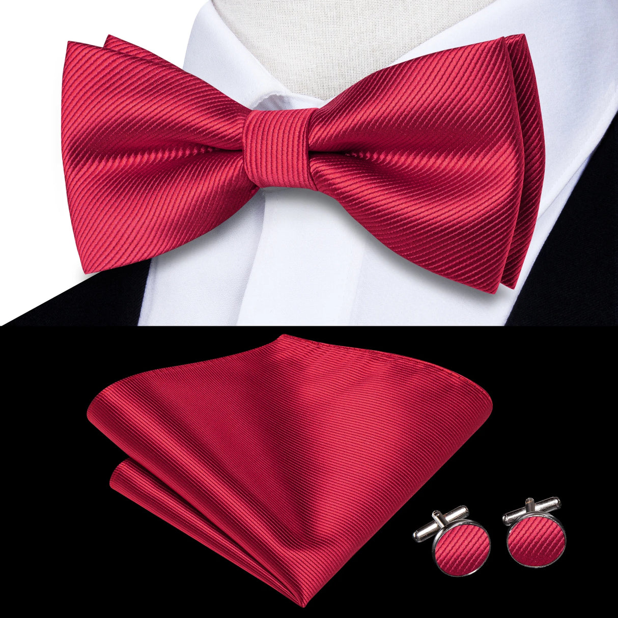 Hi-Tie Striped Black Red Green Silk Mens Bow Tie Hanky Cufflinks Set Pre-tied Butterfly Knot Bowtie for Male Wedding Business