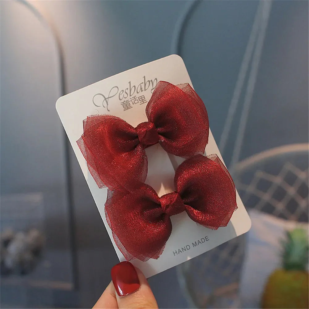 2Pcs/Set Hair Clips Solid Color Grosgrain Ribbon Bowknot Baby Hair Pins Bangs Barrettes Photo Props Gifts