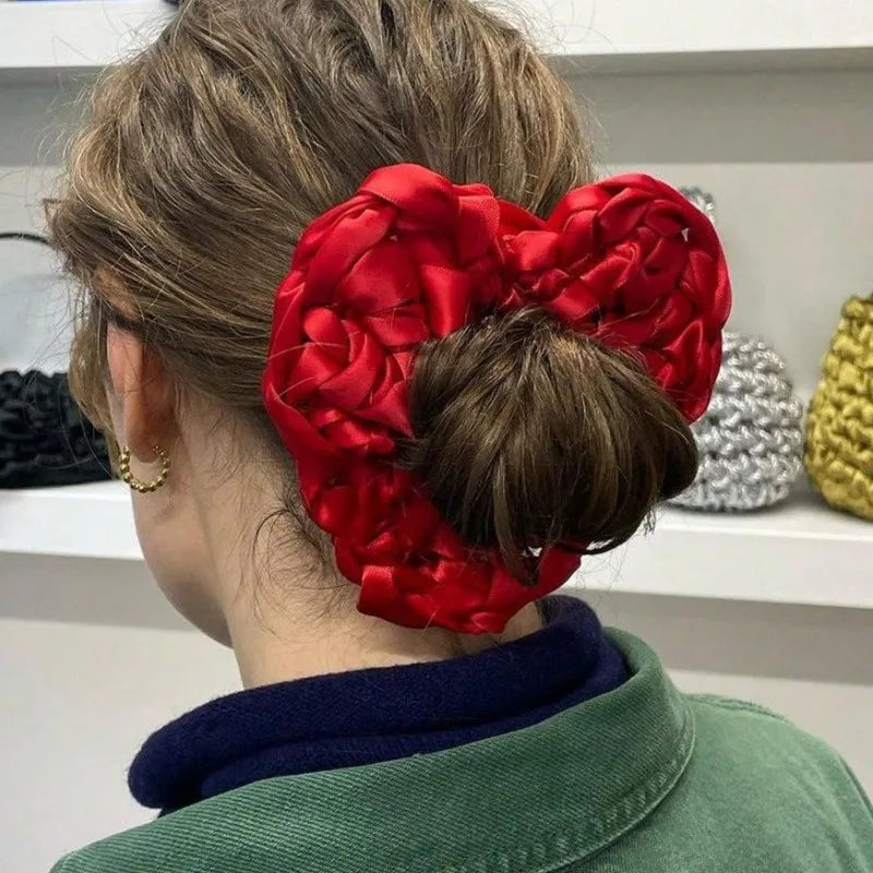 HANGZHI Red Handmade Crafted Satin Heart Hair Bands Simple Personalized Hair Accessories for Women Unique Exaggerated Headbands