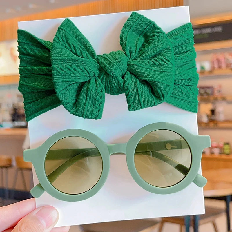 2 Pcs/Set New Children Solid Color Cotton Bowknot Wide Hairband Round Sunglasses Set Baby Girls Sunglasses Kids Hair Accessories