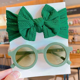 2 Pcs/Set New Children Solid Color Cotton Bowknot Wide Hairband Round Sunglasses Set Baby Girls Sunglasses Kids Hair Accessories