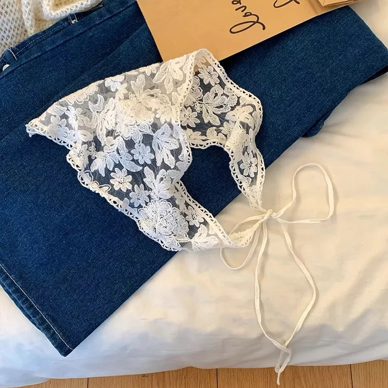White Lace Bandana Floral Summer Woven Headbands Hair Band Women Outgoing Travel Retro Hair Accessories Headwear Turban Scarf