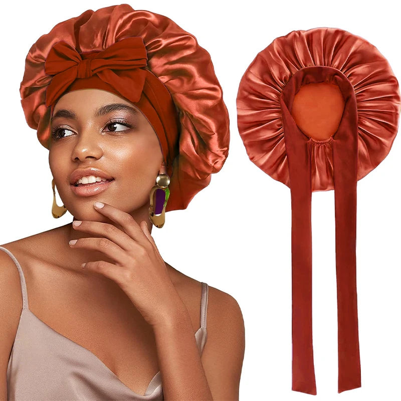 New Women Satin Bonnet Silky Sleep Cap Curly Hair Wrap For Sleeping Cap Adjustable Bonnets With Tie Band Nightcap Hair Care Cap