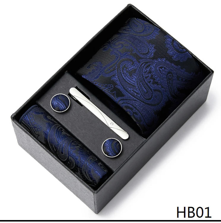 Gravatas For Men Newest design Silk Tie Handkerchief Cufflink Set Necktie Box Striped Blue Office