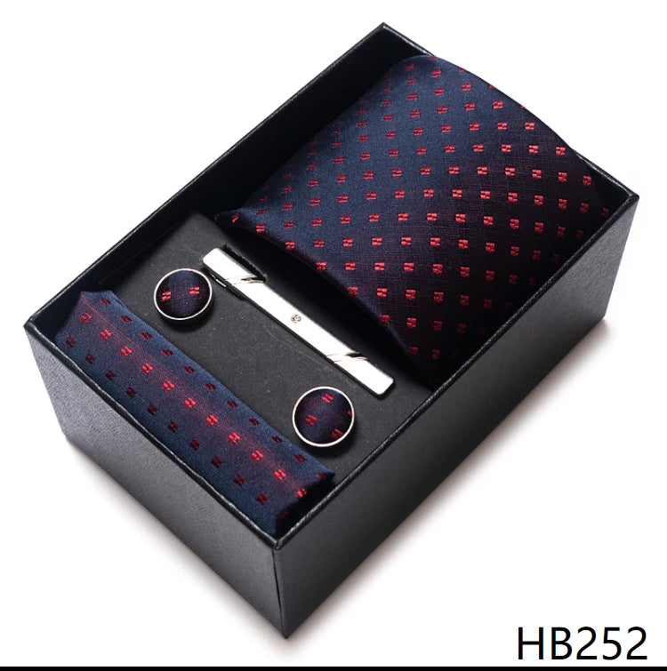 65 Colors Fashion Tie Handkerchief Set Tie Clip Necktie Box Man's Shirt Dark Red  Accessories Men Wedding Holiday  Gift